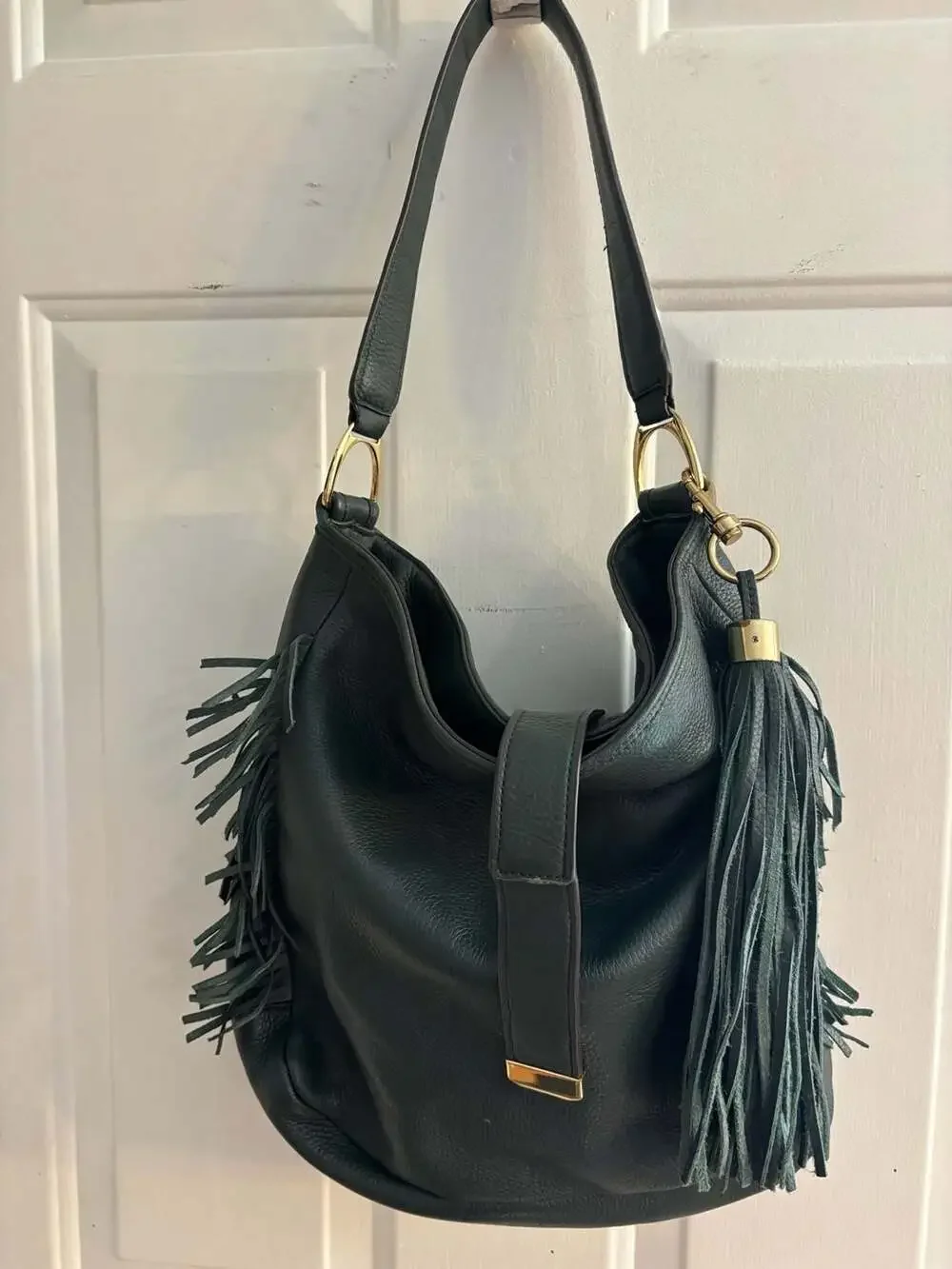 G.I.L.I. Pebbled Leather Fringe Hobo Shoulder Bag